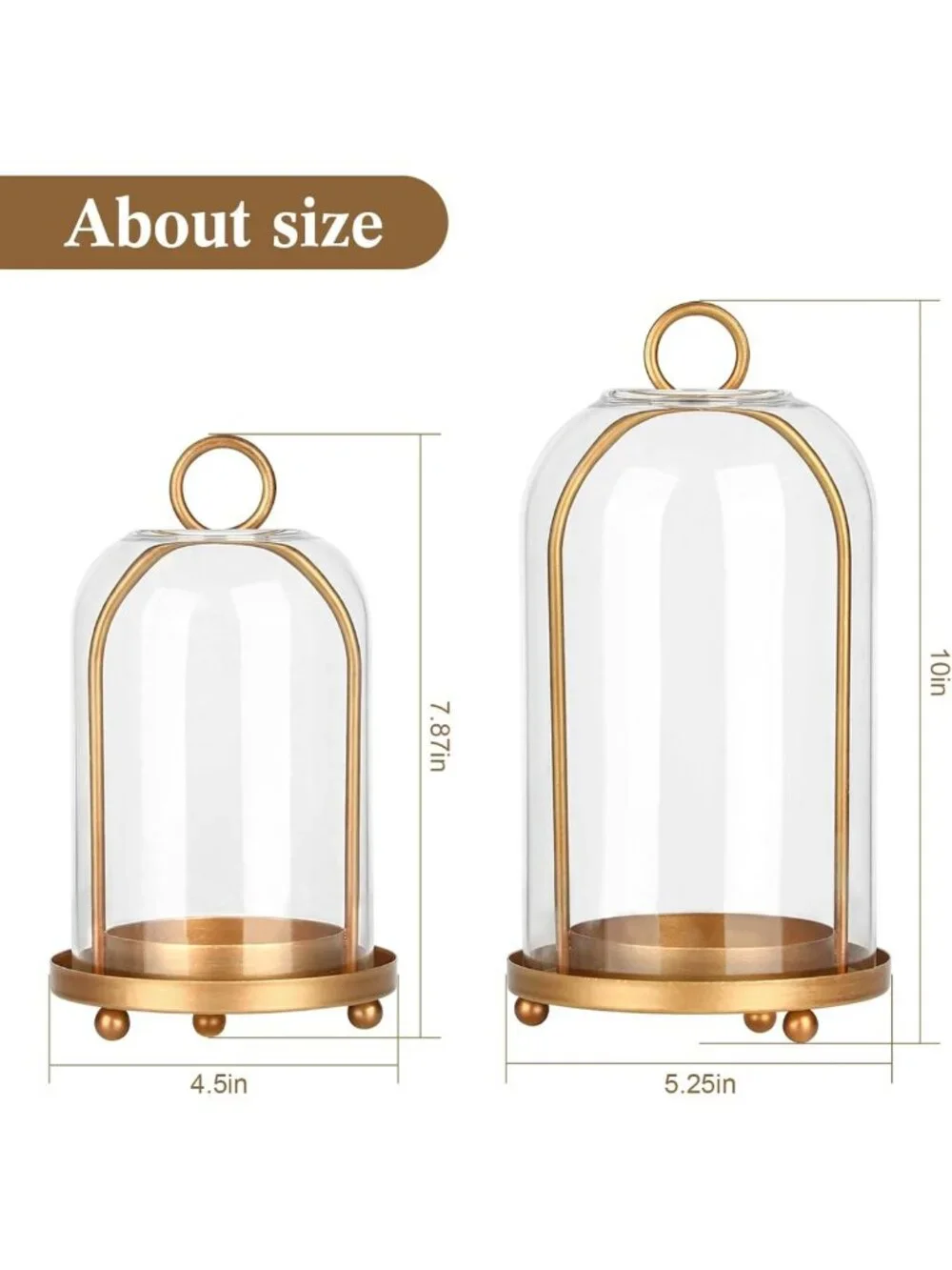Set of 2 Vintage Brass Candle Lanterns with Thick Glass Dome - Home Decor Accent